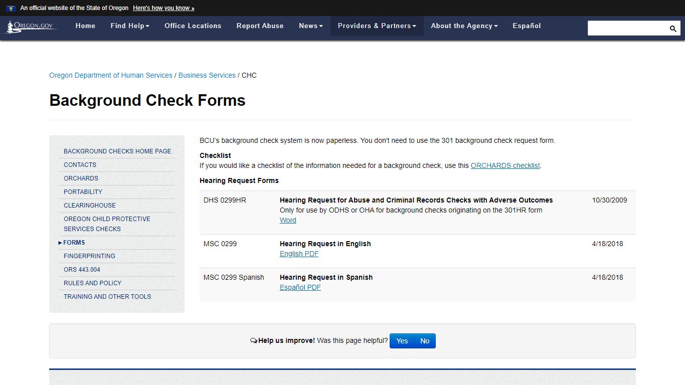 State of Oregon: CHC - Background Check Forms